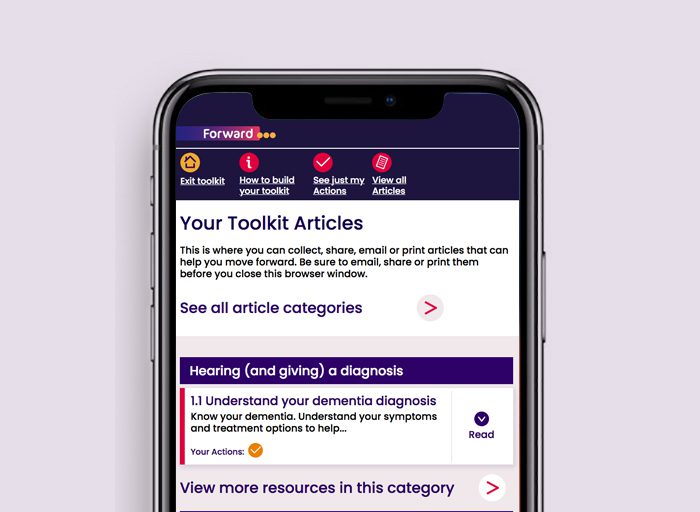 FwD - iPhone toolkit - 2023 - 001 wide Mobile phone showing forward with dementia toolkit