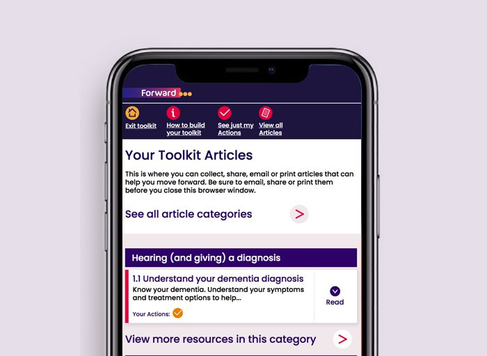 Mobile phone showing forward with dementia toolkit